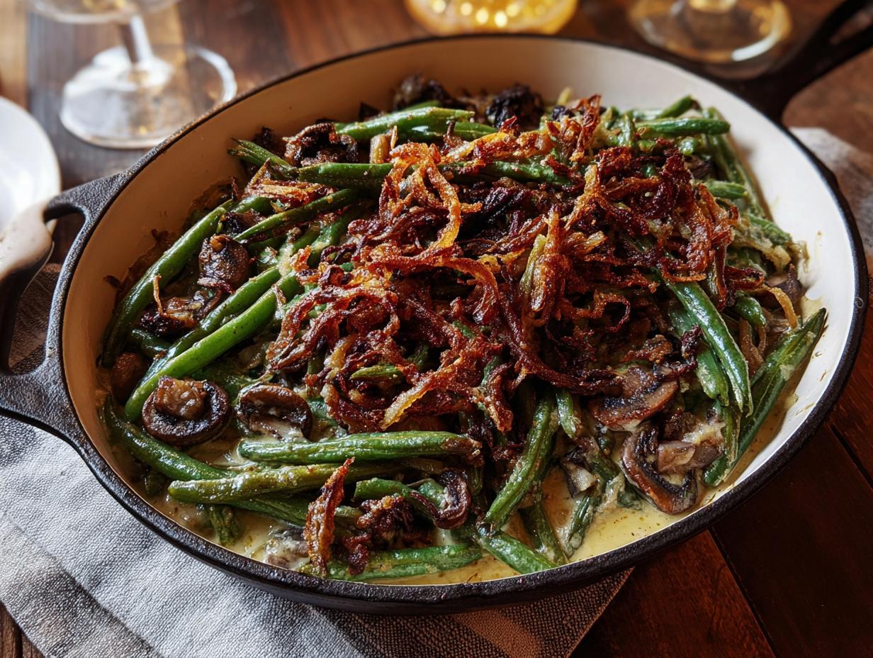 A close-up of perfect Thanksgiving green beans in a creamy mushroom sauce, topped with crispy fried onions.