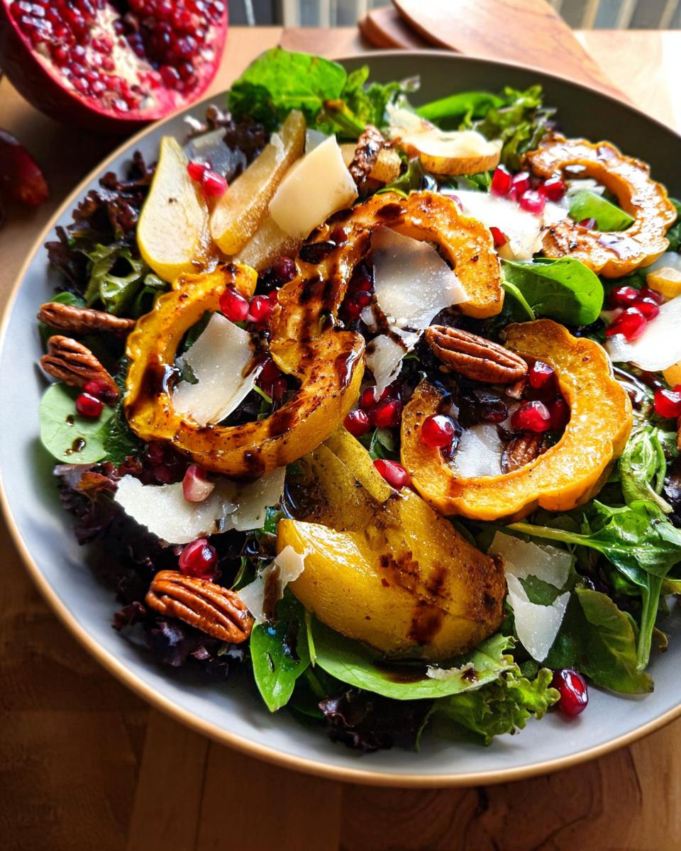 A vibrant Thanksgiving salad featuring roasted squash, pears, pomegranate seeds, pecans, and shaved parmesan.