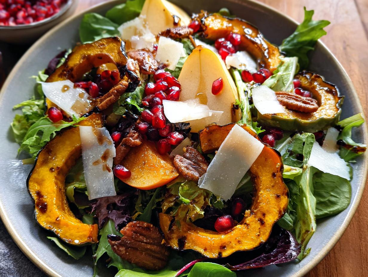 A vibrant Thanksgiving salad featuring roasted acorn squash, pear slices, pomegranate seeds, pecans, and shaved Parmesan.