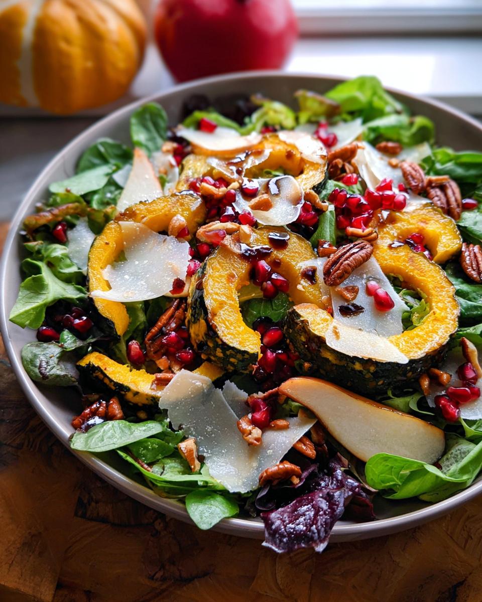 A vibrant Thanksgiving salad featuring roasted acorn squash, pear slices, pomegranate seeds, pecans, and shaved Parmesan.