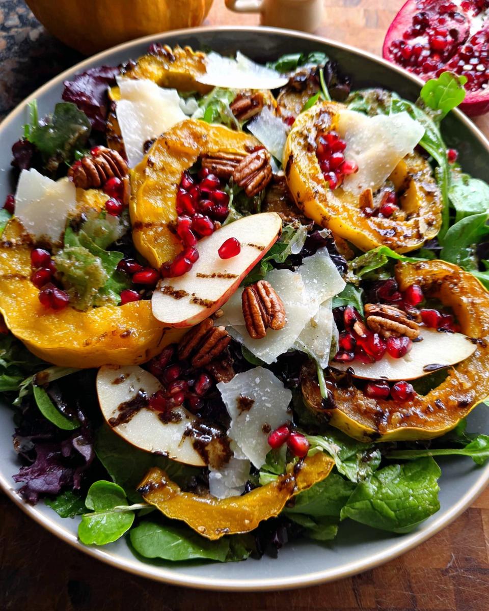 Close-up of a perfect Thanksgiving salad featuring roasted acorn squash, pomegranate seeds, pecans, and shaved Parmesan.
