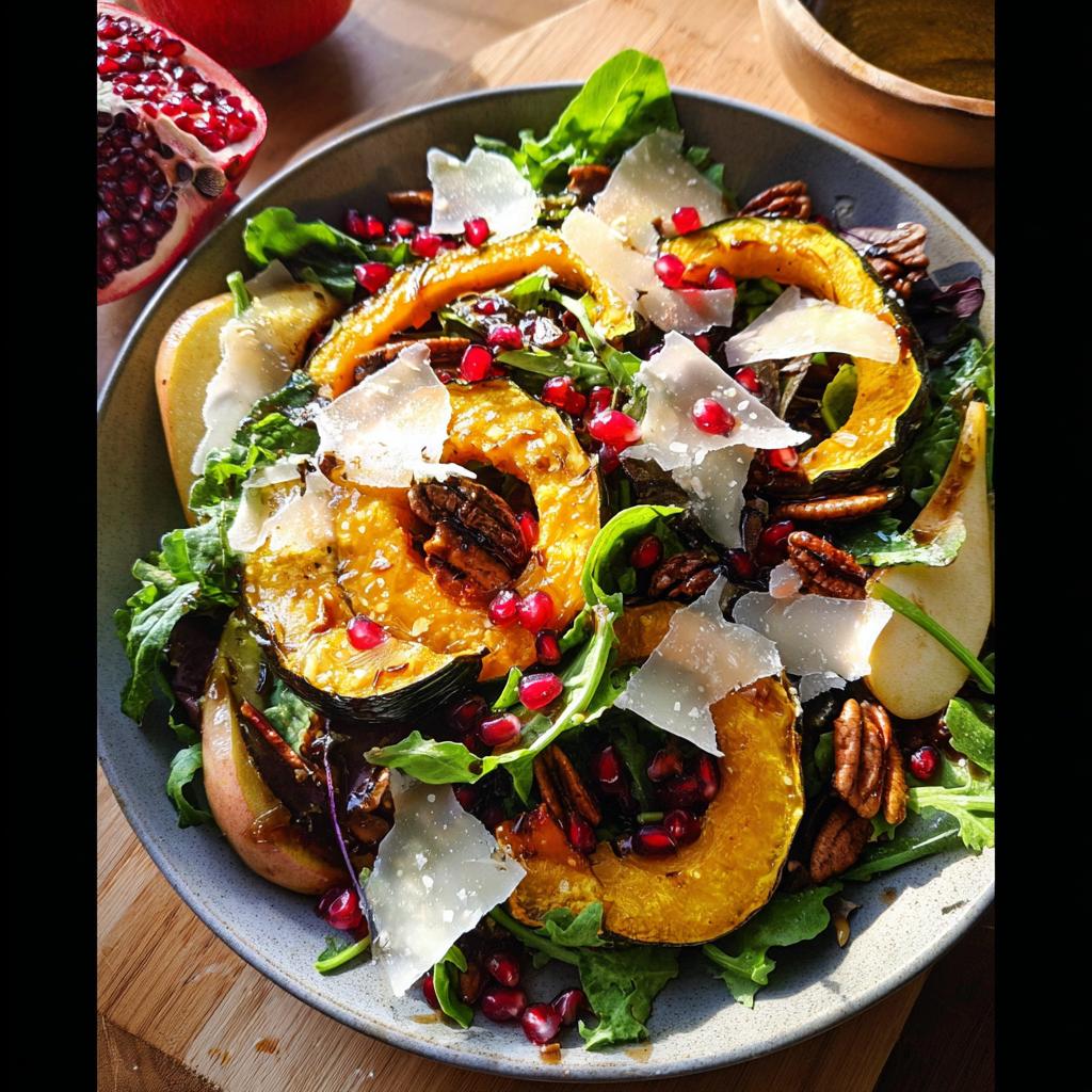 A perfect Thanksgiving salad featuring roasted squash, pecans, pomegranate seeds, pear slices, and shaved parmesan cheese.