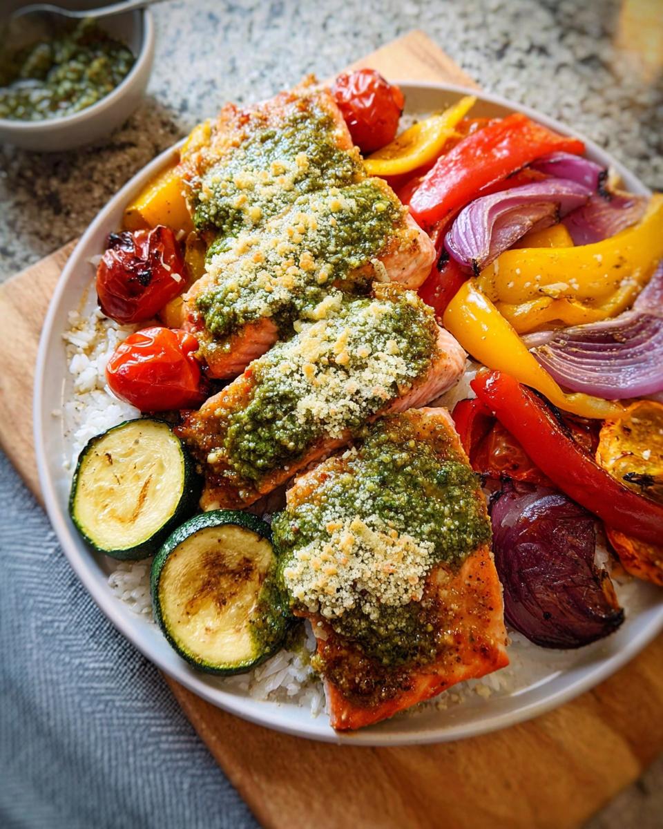 Three fillets of Pesto Salmon with Roasted Veggies served over white rice on a plate.