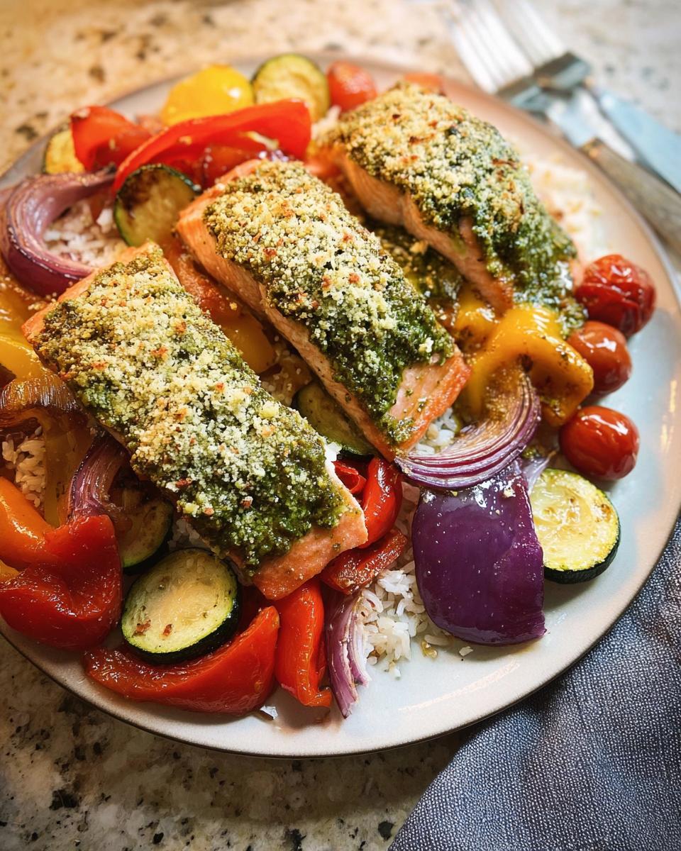 Three fillets of Pesto Salmon with Roasted Veggies served over rice on a plate.