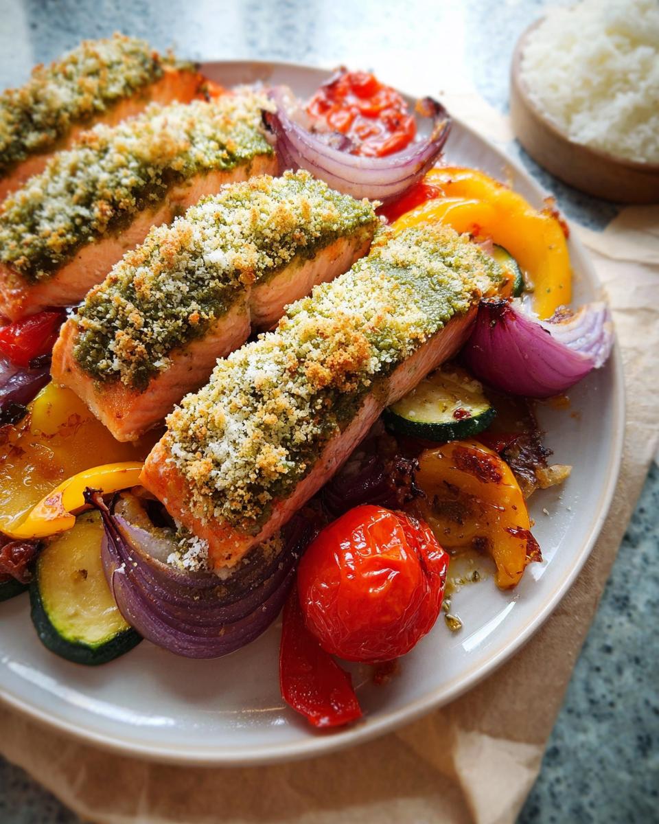Four fillets of Pesto Salmon with Roasted Veggies, topped with a crispy breadcrumb crust, served over roasted peppers and onions.