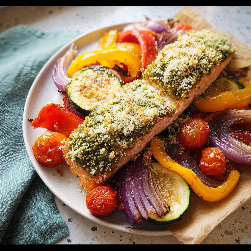 A perfectly cooked fillet of Pesto Salmon with Roasted Veggies, topped with breadcrumbs, served alongside roasted peppers, onions, and tomatoes.