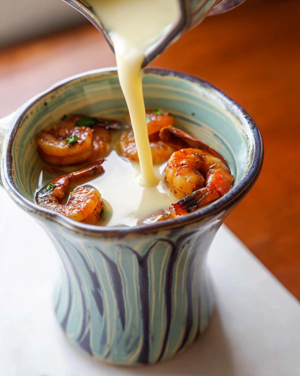 Pouring rich Champagne Cream Sauce over sautéed shrimp in a decorative blue ceramic bowl.