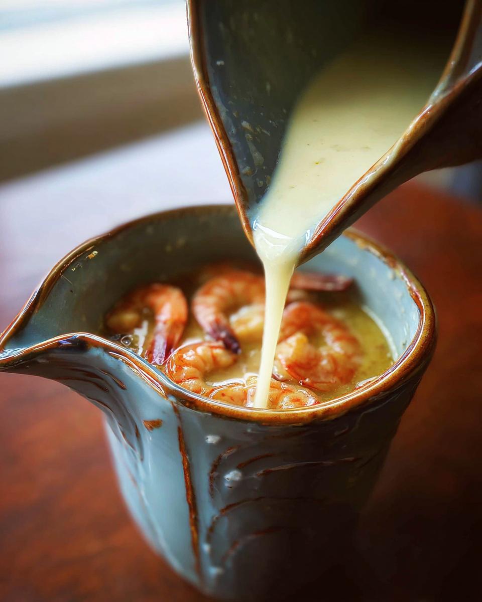 Pouring rich Champagne Cream Sauce for Seafood over cooked shrimp in a rustic blue pitcher.
