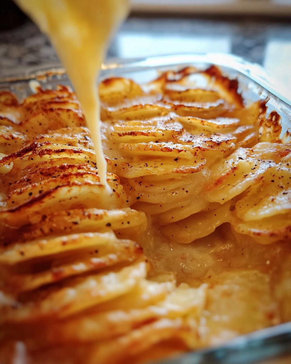 Close-up of creamy sauce being poured over layers of baked Cheesy Scalloped Potatoes.