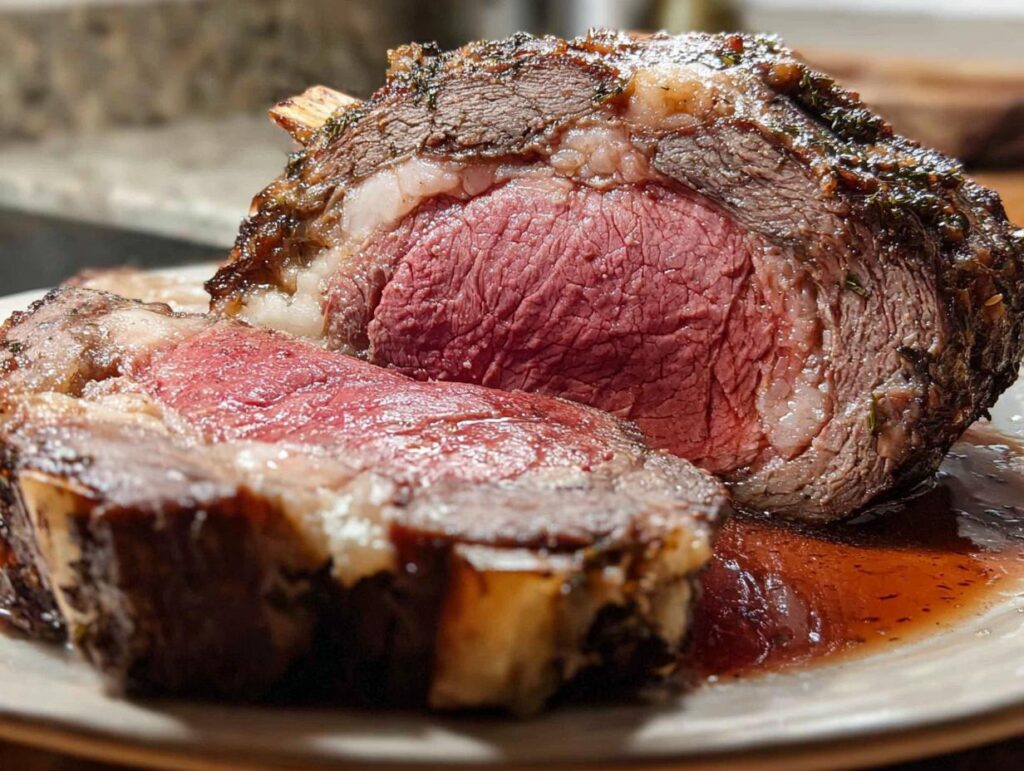 Close-up of a perfectly roasted Prime Rib Au Jus, sliced to reveal a medium-rare pink center and resting in its juices.