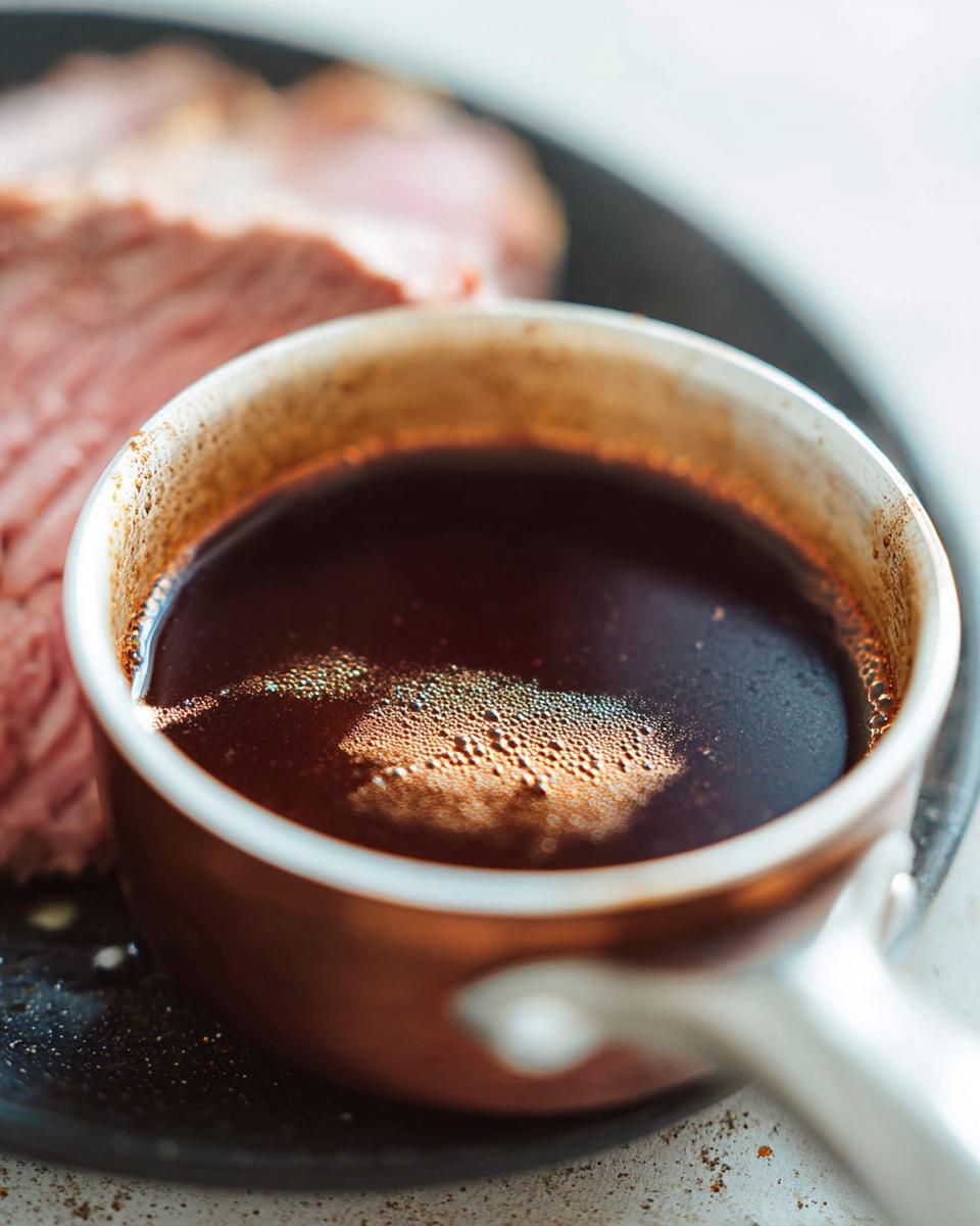 Close-up of rich, dark Prime Rib Au Jus Recipe sauce simmering in a small copper saucepan next to sliced roast beef.