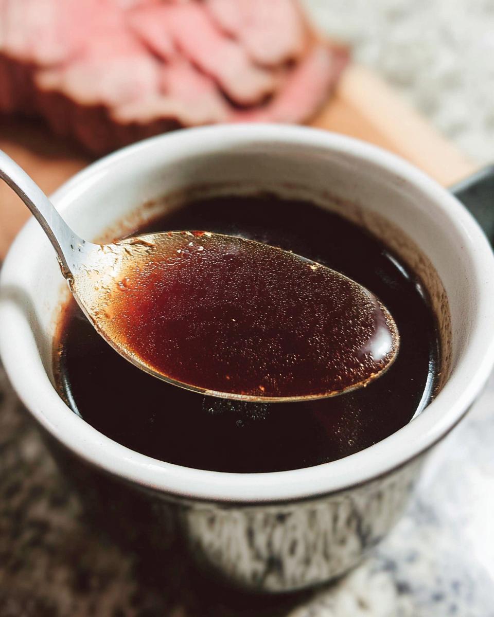 Close-up of a spoon lifting rich, dark Prime Rib Au Jus Recipe from a small white bowl, with sliced roast beef blurred in the background.