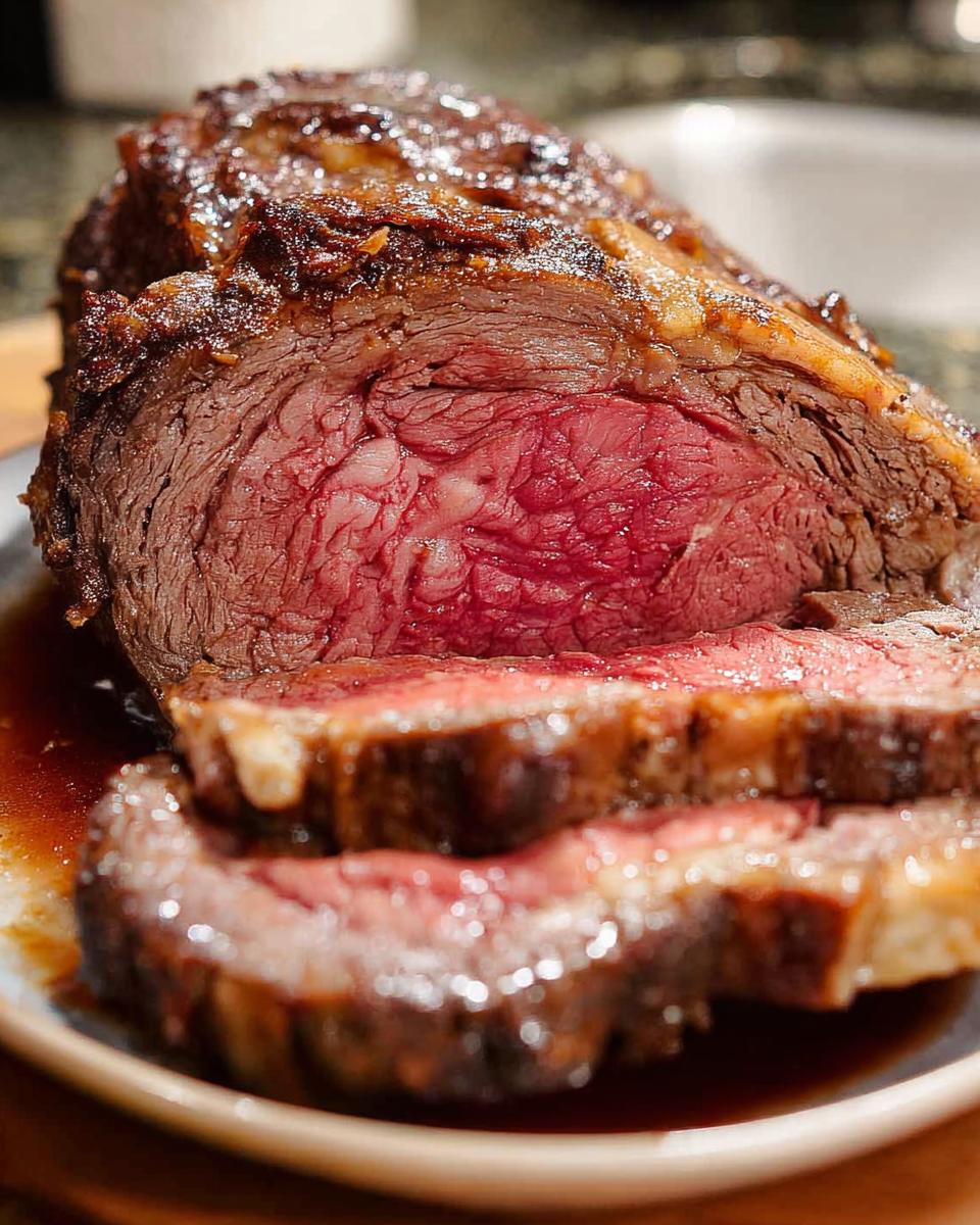 Close-up of a perfectly cooked Prime Rib Au Jus, showing a medium-rare pink center and rich brown crust, served with jus.