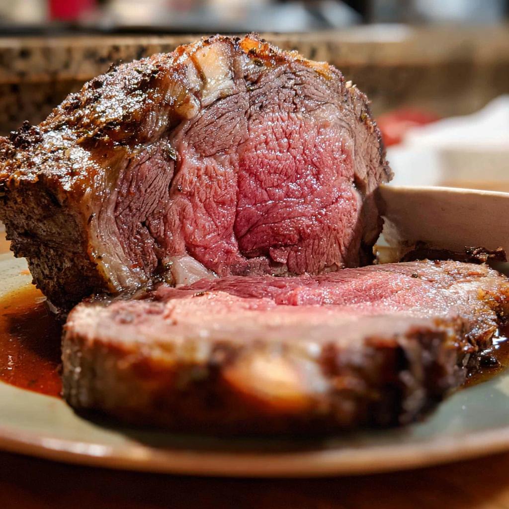 Close-up of a thick slice of medium-rare Prime Rib Au Jus resting in its juices on a plate.