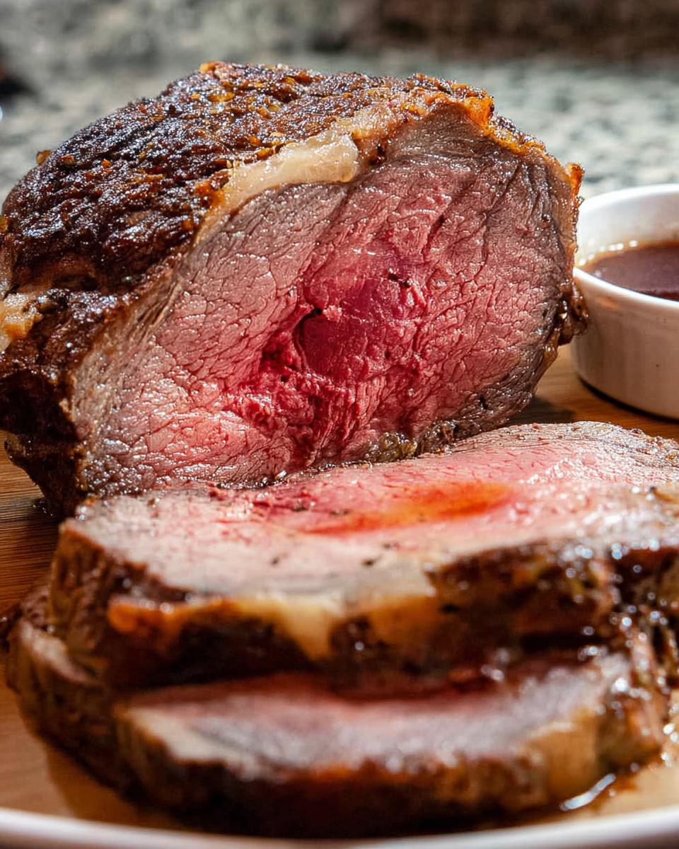 Close-up of a medium-rare Prime Rib Au Jus roast, showing a deep red center and a dark, seasoned crust, with slices cut.