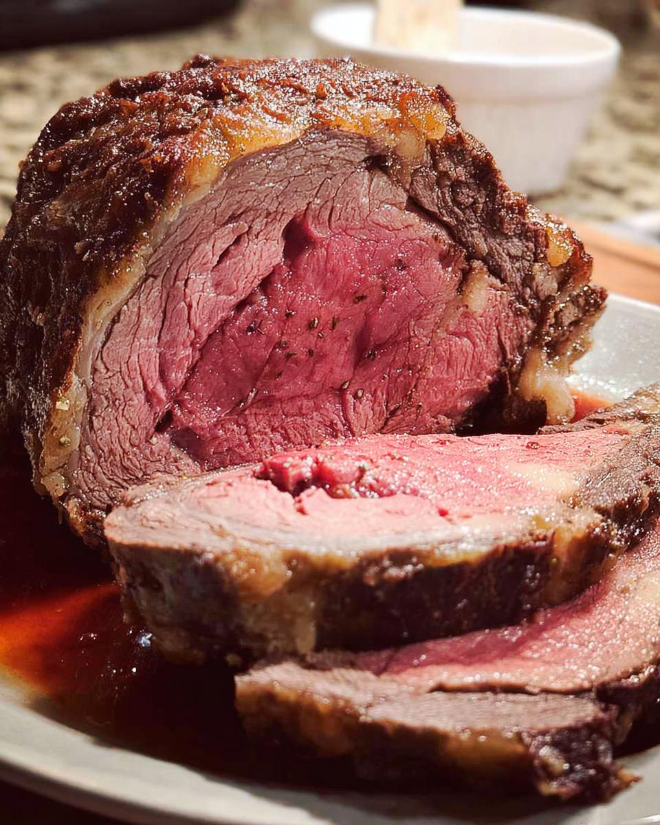 Close-up of perfectly cooked medium-rare Prime Rib Au Jus, sliced and resting in its juices.