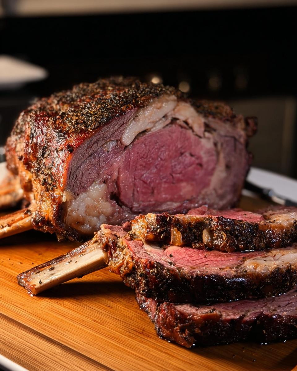 A beautifully roasted prime rib for Christmas dinner, sliced to show a medium-rare center on a wooden cutting board.