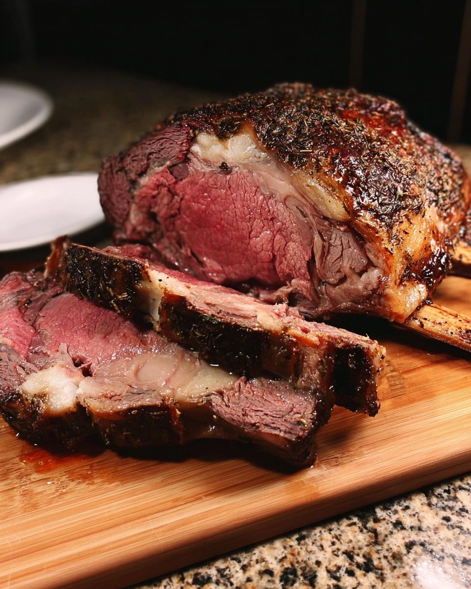 A beautifully roasted Prime Rib for Christmas Dinner, sliced to show a perfect medium-rare center on a wooden cutting board.