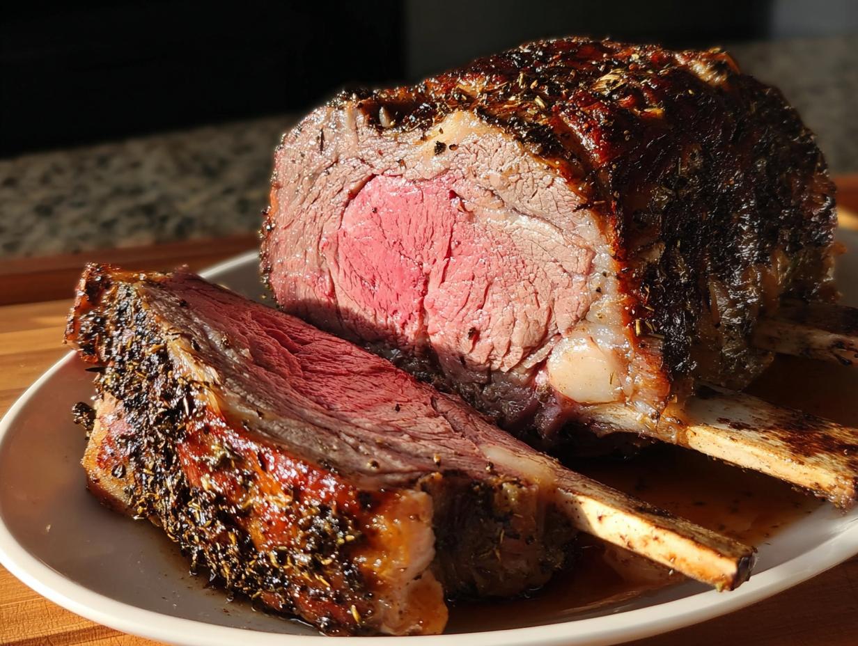 A thick-cut, herb-crusted Prime Rib for Christmas Dinner, sliced to reveal a medium-rare pink center.