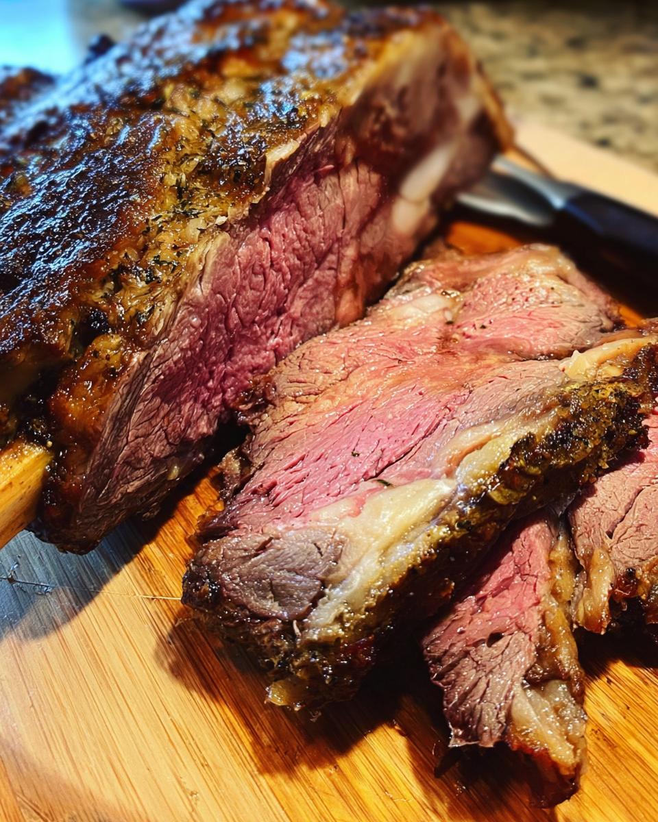 Close-up of medium-rare Prime Rib in a Roaster Oven, sliced on a wooden cutting board showing a juicy pink center.