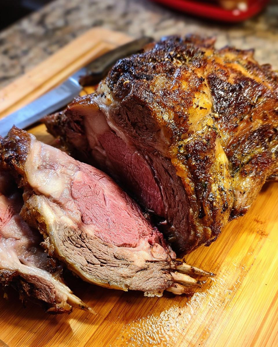 A beautifully seared Prime Rib in a Roaster Oven, sliced to show a perfect medium-rare center.