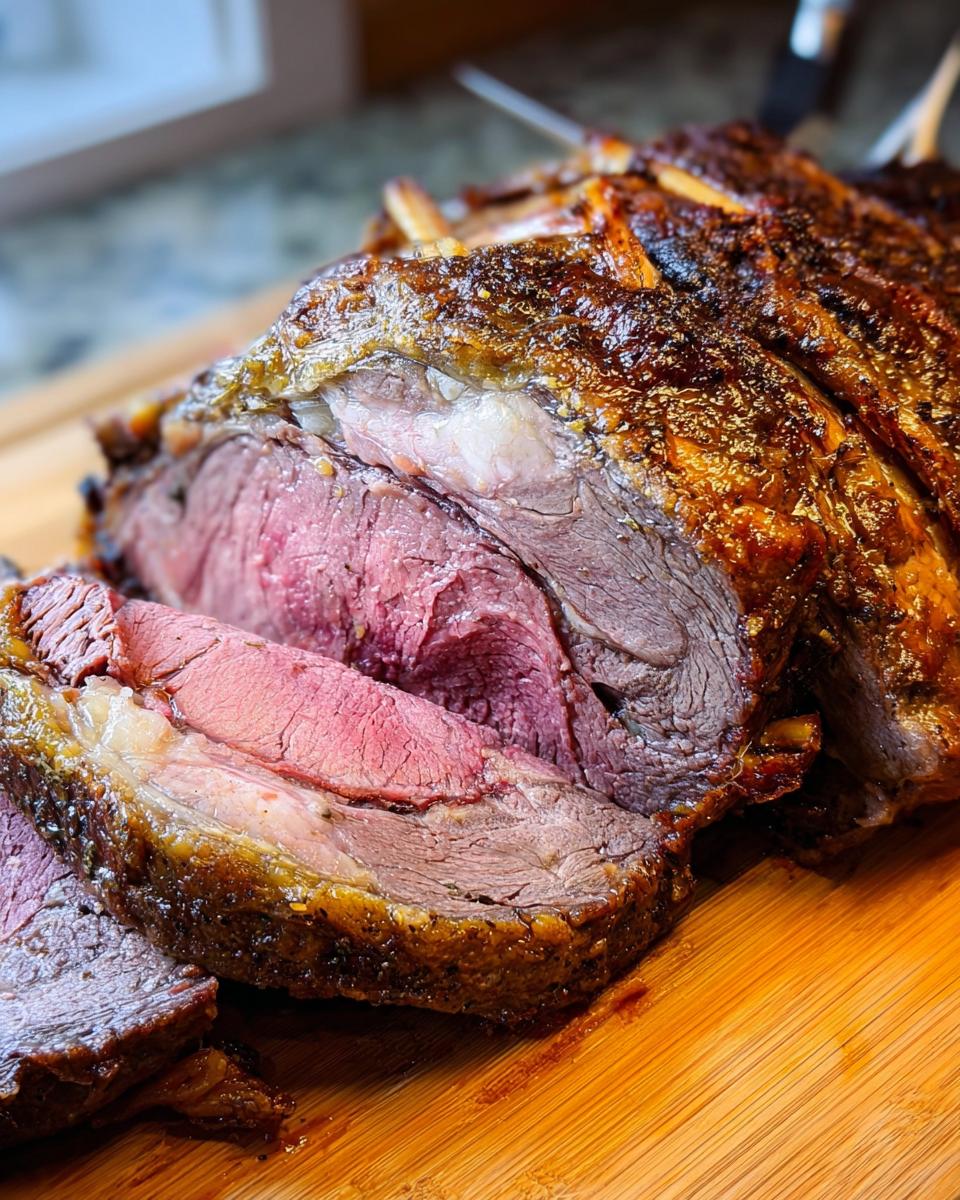 Close-up of a juicy, medium-rare Prime Rib in a Roaster Oven, sliced on a wooden cutting board.