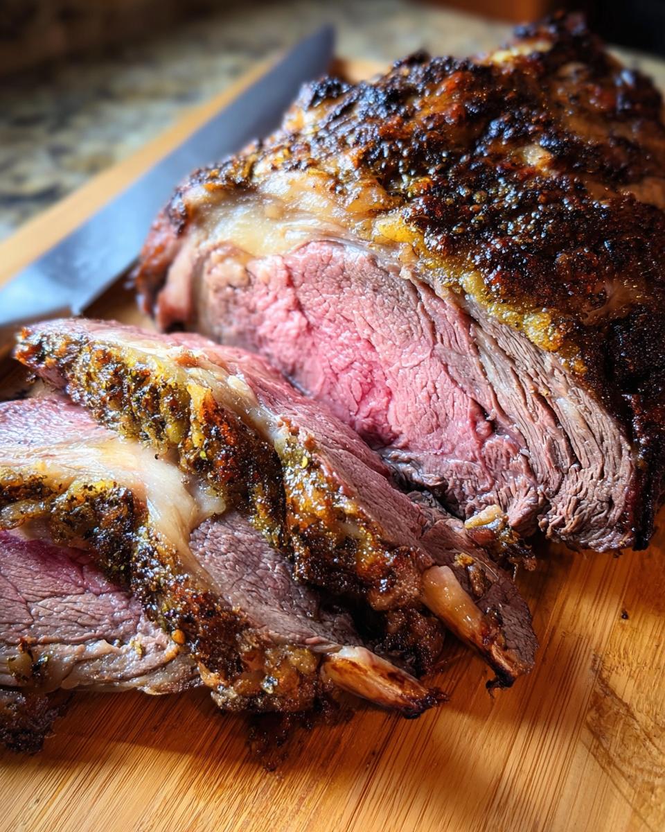 Close-up of a medium-rare Prime Rib in a Roaster Oven, sliced on a wooden board showing a seasoned crust.