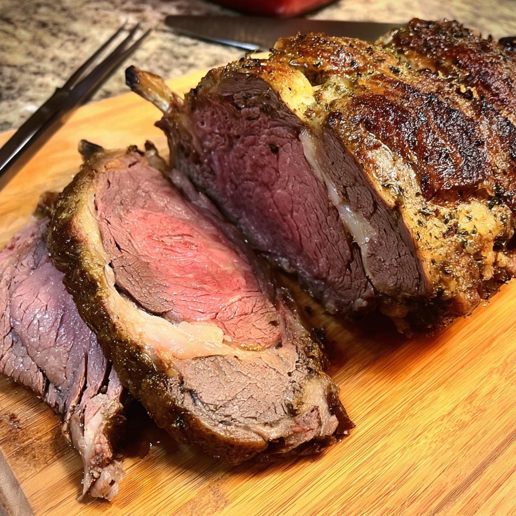 Close-up of a beautifully roasted Prime Rib in a roaster oven, sliced to show a medium-rare center.