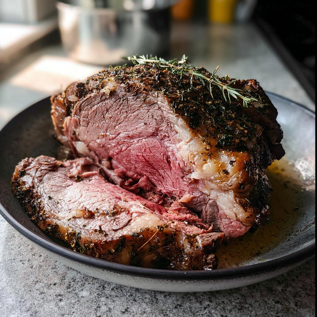 A juicy, perfectly cooked prime rib roast, sliced to show medium-rare center, seasoned with herbs.