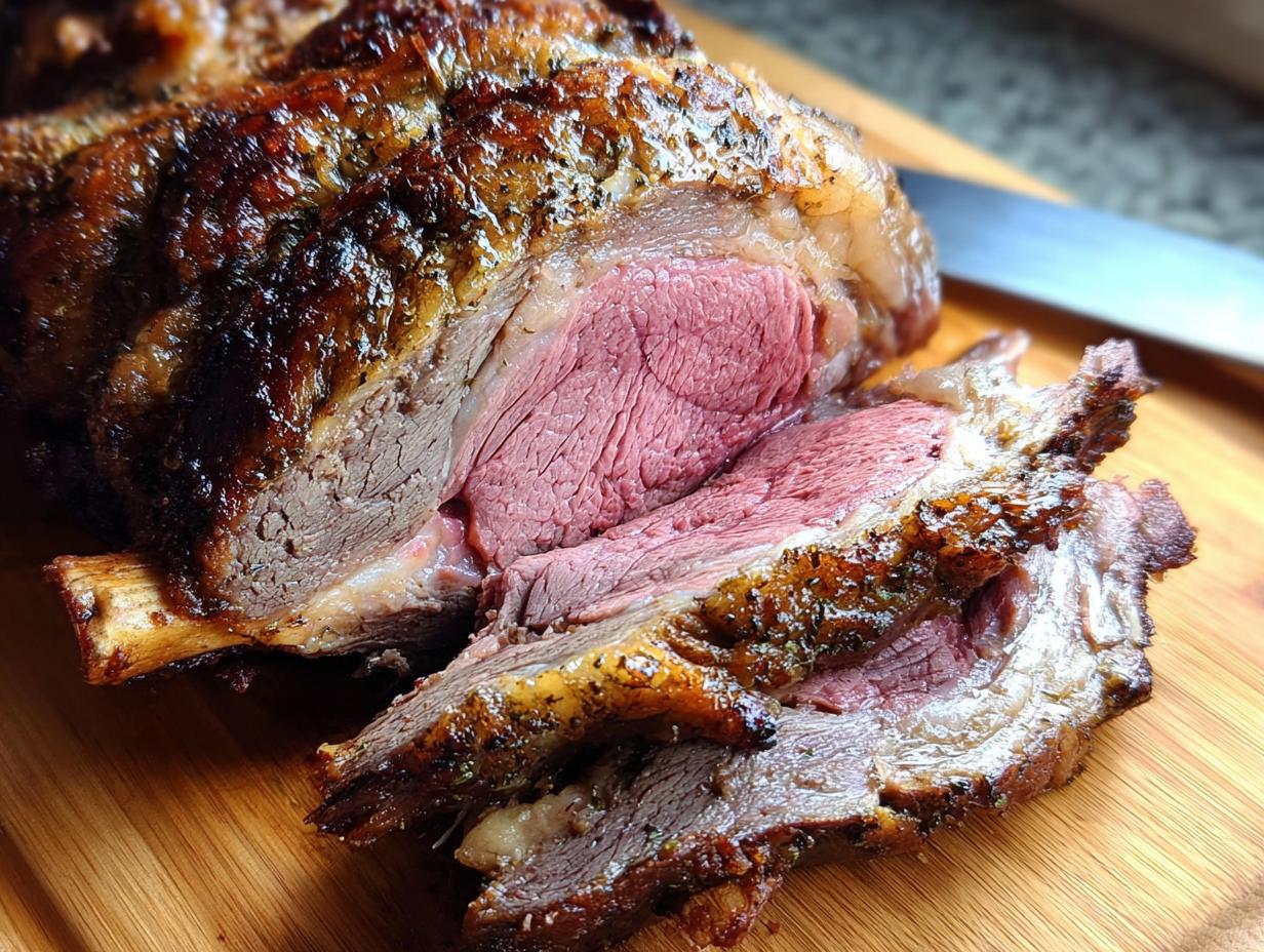 Close-up of a juicy, medium-rare Prime Rib in a Roaster Oven, sliced to show the tender pink center.