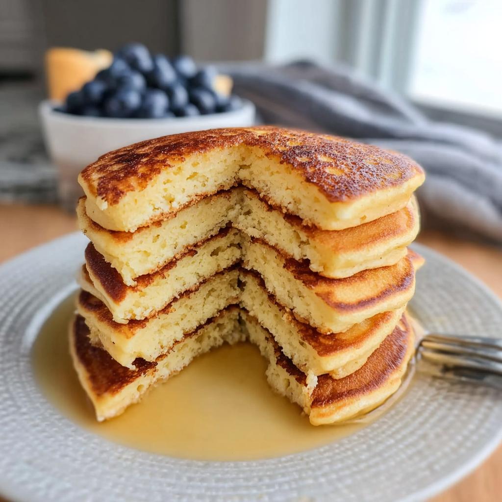 A tall stack of fluffy Protein Ghost Pancakes with a bite taken out, drizzled with syrup.