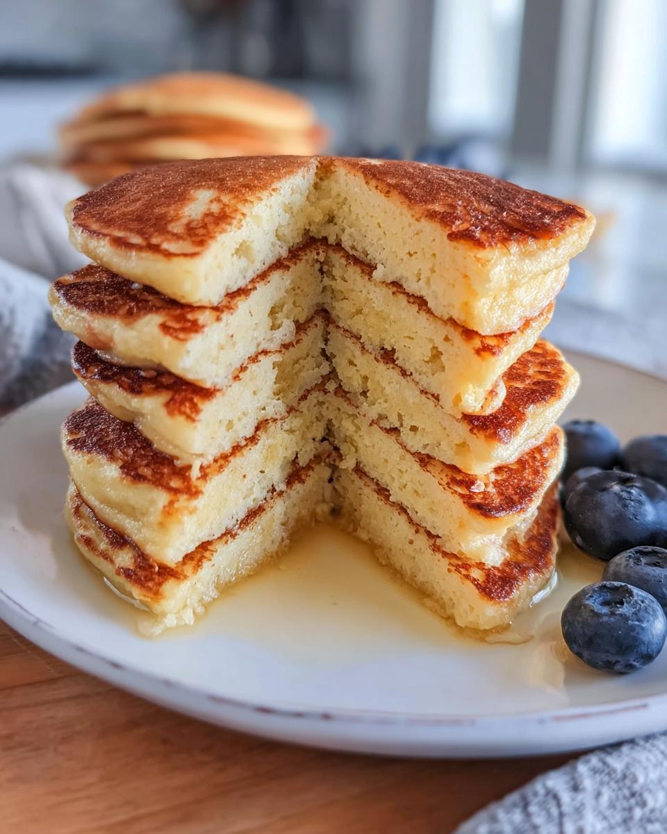 A tall stack of fluffy Protein Ghost Pancakes, cut in half to reveal the layers, served with blueberries and syrup.