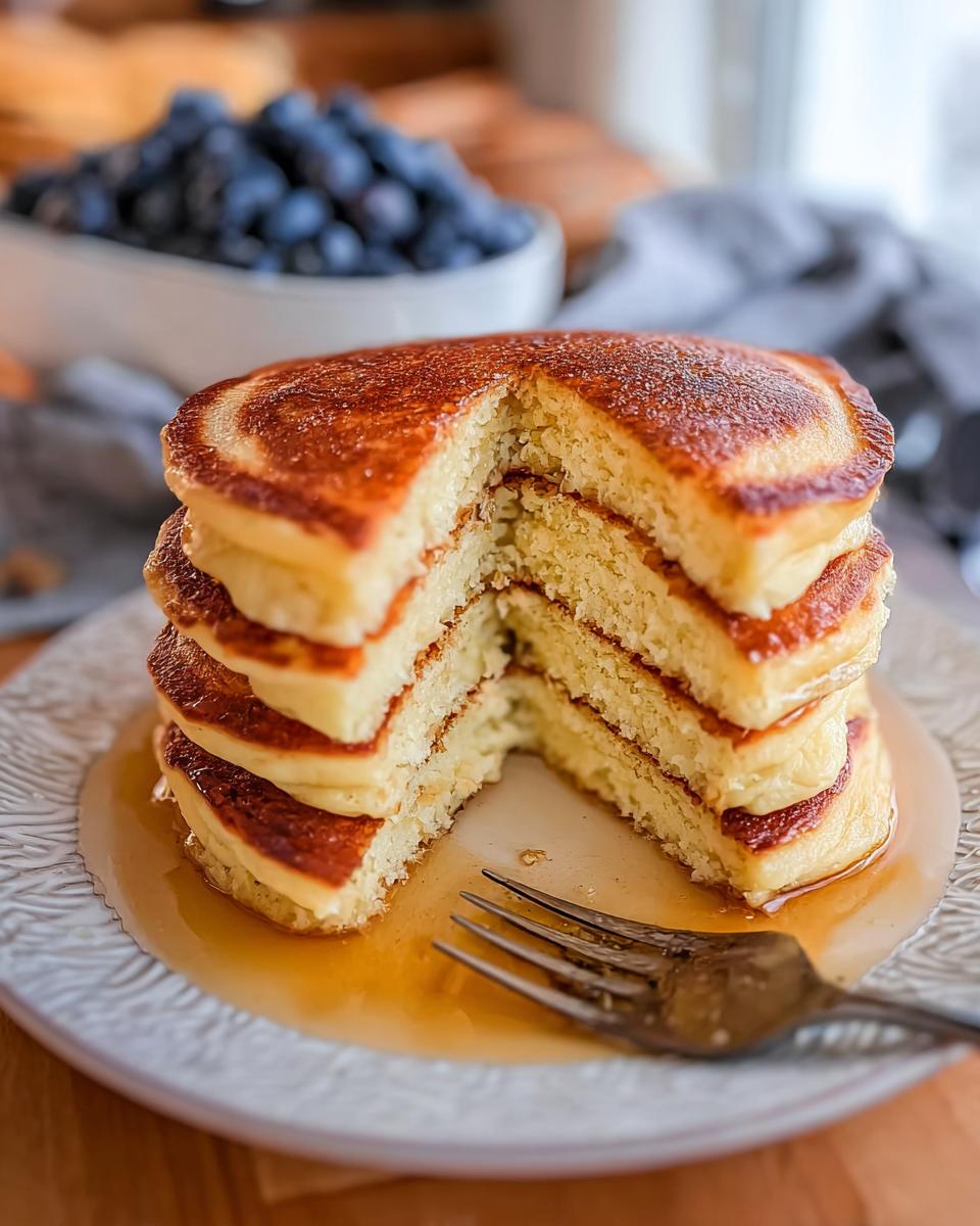 A stack of fluffy Protein Ghost Pancakes (10 Minutes) drizzled with syrup, with a fork and blueberries in the background.