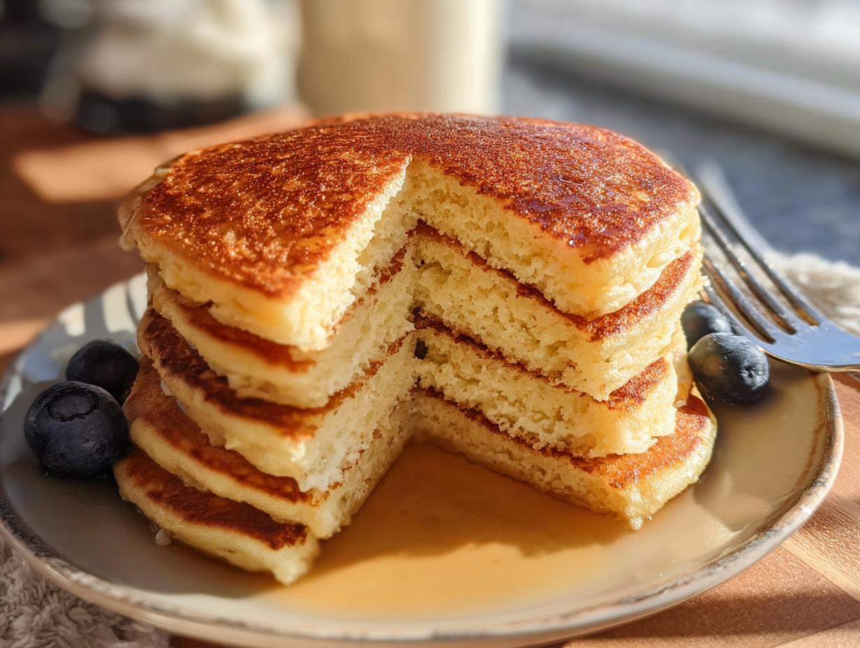 A stack of fluffy Protein Ghost Pancakes, cut to reveal layers, served with blueberries and syrup.