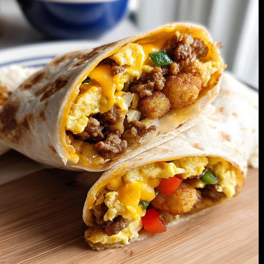 Cross-section of two Protein-Packed Breakfast Burritos showing scrambled eggs, sausage, cheese, and tater tots.
