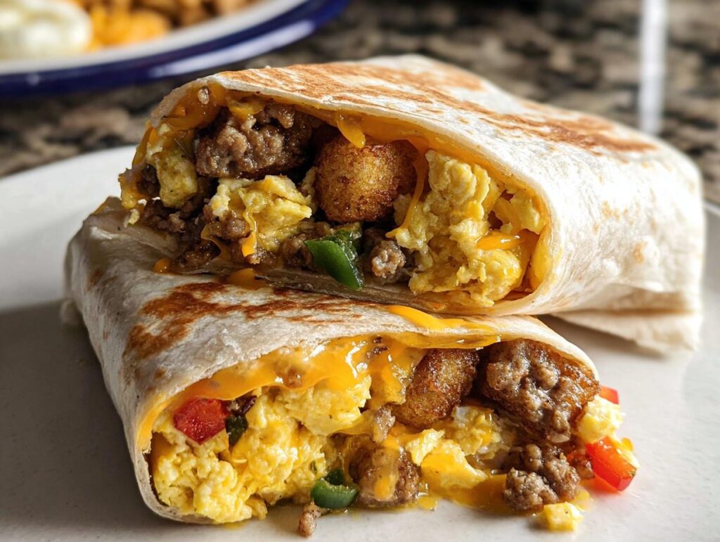 Close-up of two halves of a Protein-Packed Breakfast Burrito showing scrambled eggs, sausage, cheese, and tater tots.