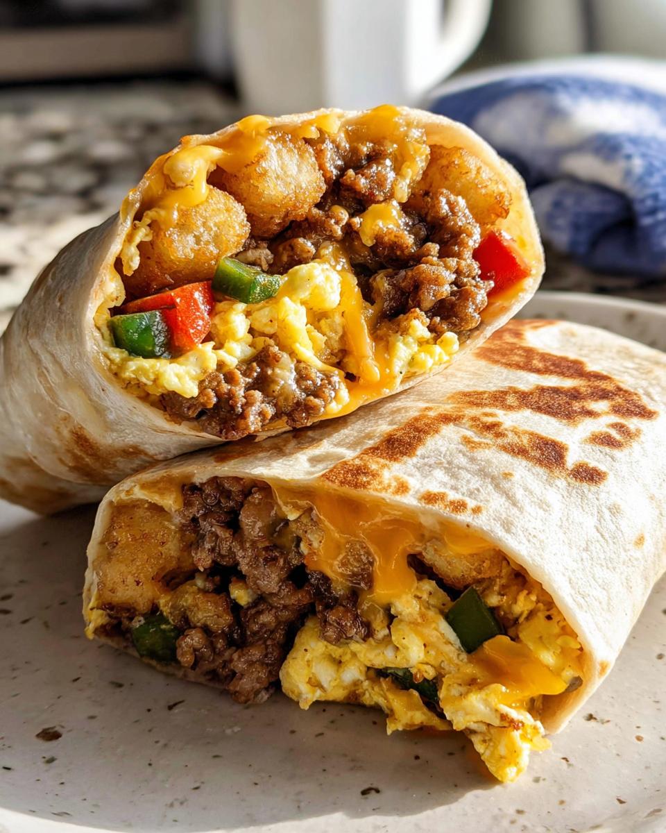 Close-up of a Protein-Packed Breakfast Burrito cut in half, showing ground meat, scrambled eggs, cheese, peppers, and tater tots.