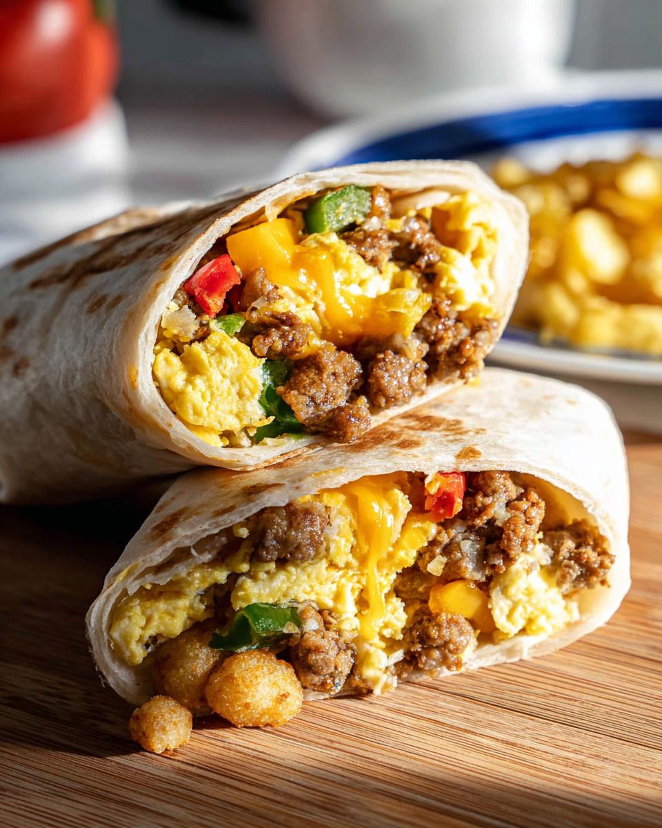 Two halves of a Protein-Packed Breakfast Burrito showing scrambled eggs, sausage, melted cheese, and peppers inside a tortilla.