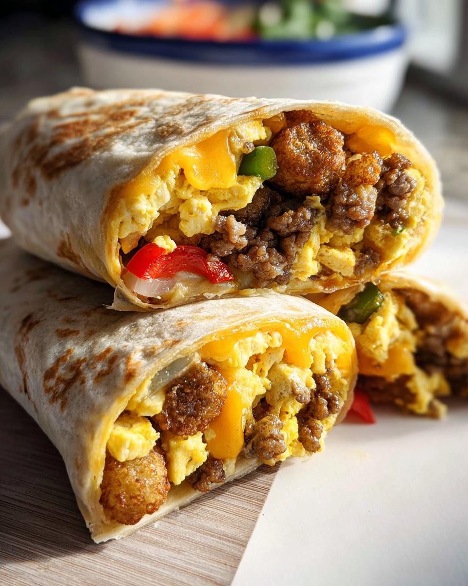 Close-up of two halves of a Protein-Packed Breakfast Burrito showing scrambled eggs, sausage, and melted cheese.