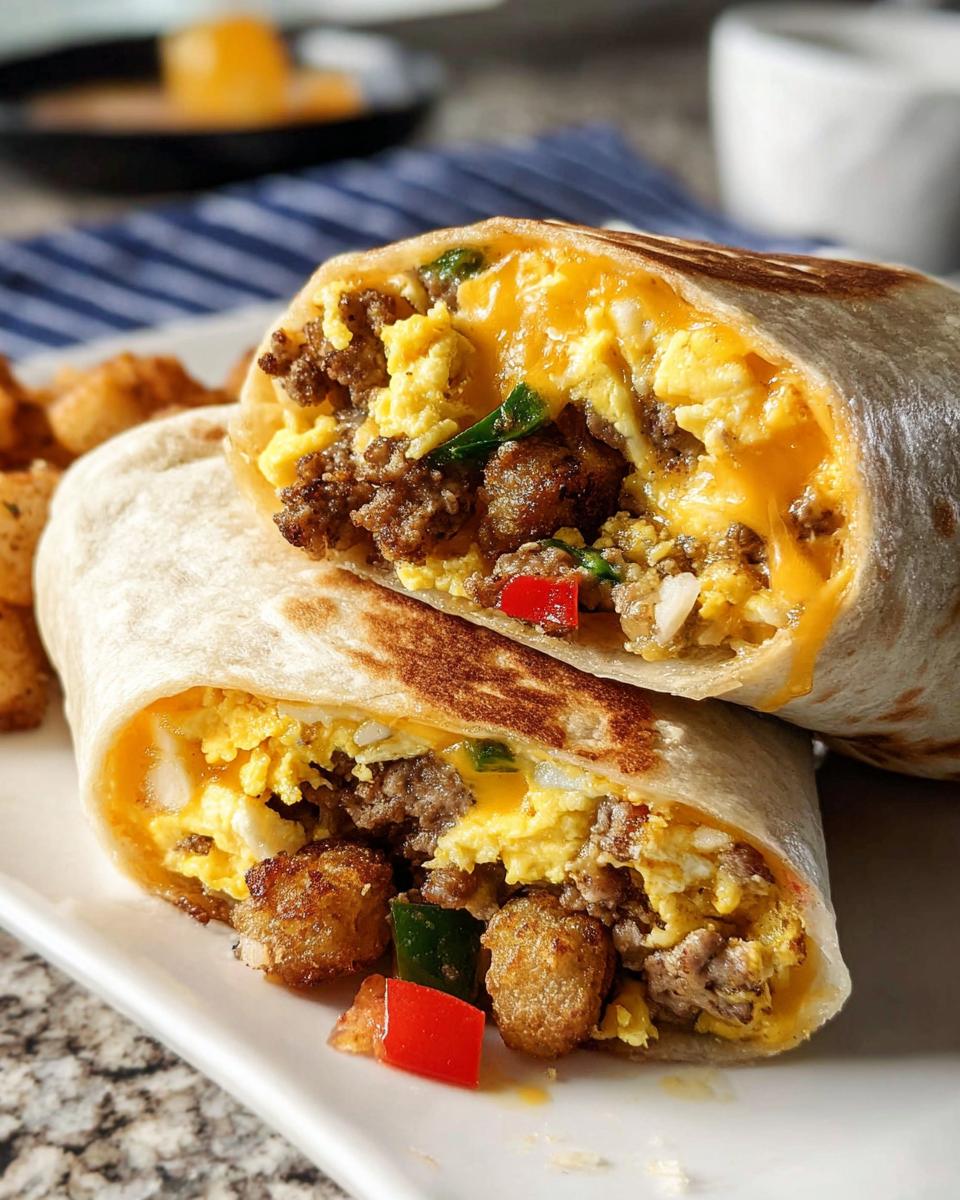 A close-up of two halves of a Protein-Packed Breakfast Burrito showing scrambled eggs, sausage, cheese, and peppers.
