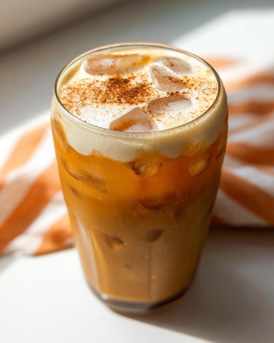 A tall glass filled with Pumpkin Cream Cold Brew (Copycat) over ice, topped with foam and cinnamon.