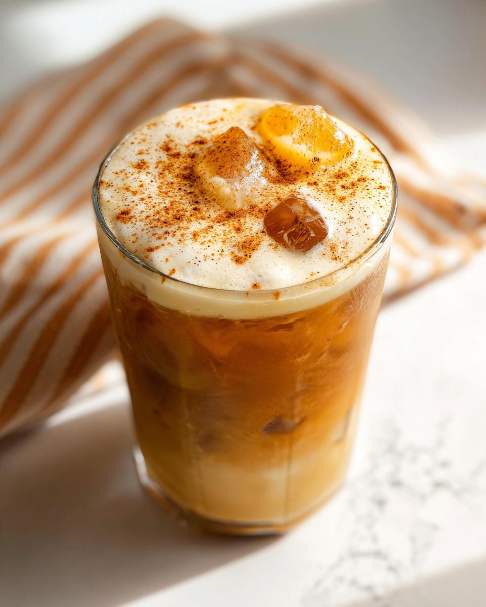 Close-up of a glass of Pumpkin Cream Cold Brew with ice cubes and a dusting of cinnamon spice on the foam.