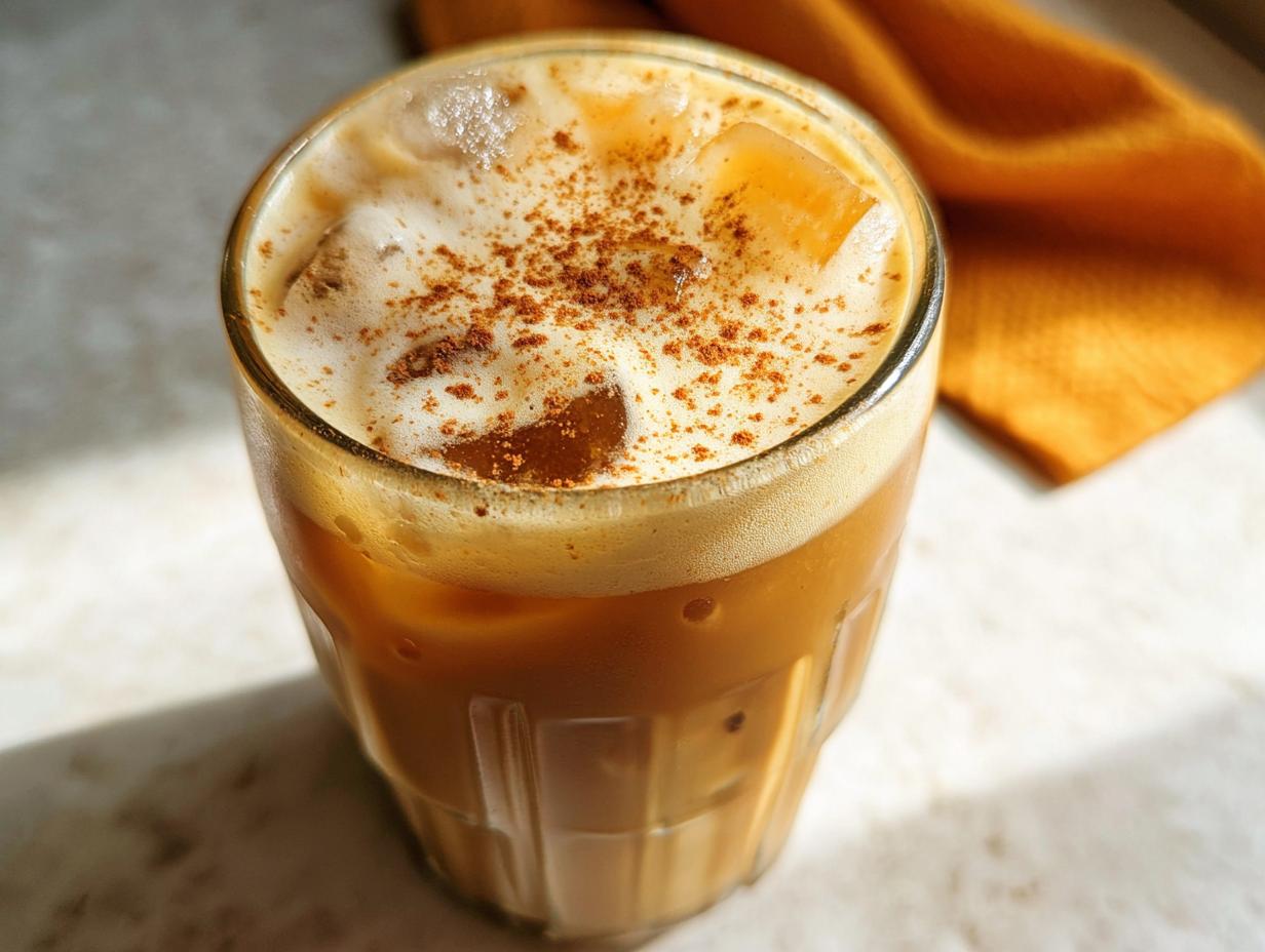 Close-up of a glass filled with Pumpkin Cream Cold Brew, topped with foam and cinnamon spice.