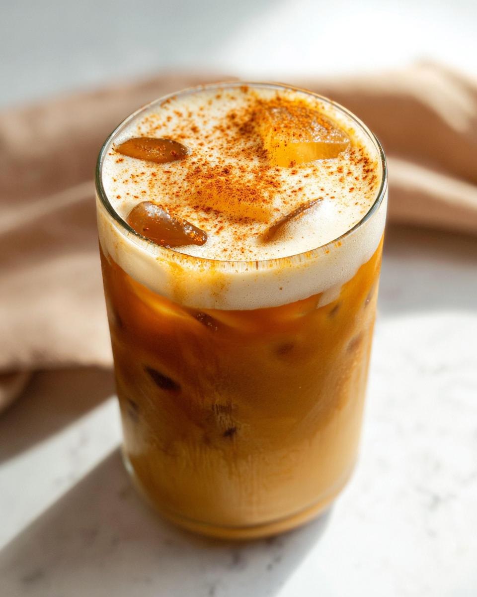 Close-up of an iced Pumpkin Cream Cold Brew (Copycat) topped with thick foam and sprinkled cinnamon.