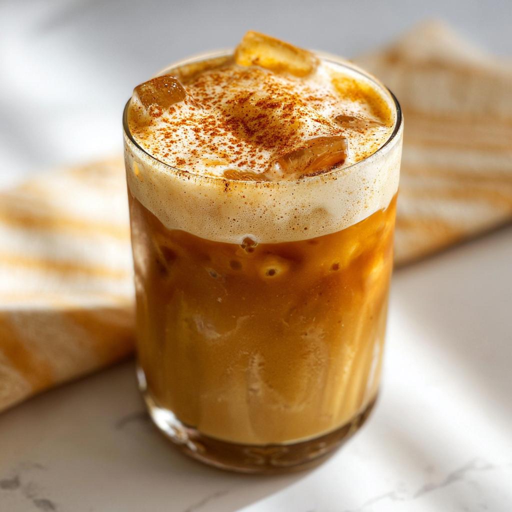 Close-up of an iced Pumpkin Cream Cold Brew (Copycat) with thick foam and a dusting of cinnamon.