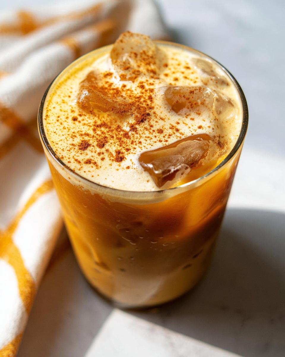 Close-up of a glass filled with Pumpkin Cream Cold Brew, ice, and topped with cinnamon.