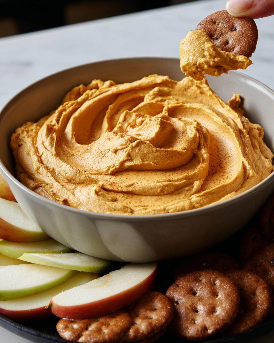 A bowl of creamy pumpkin dip with a cracker being dipped into it, surrounded by apple slices and crackers.