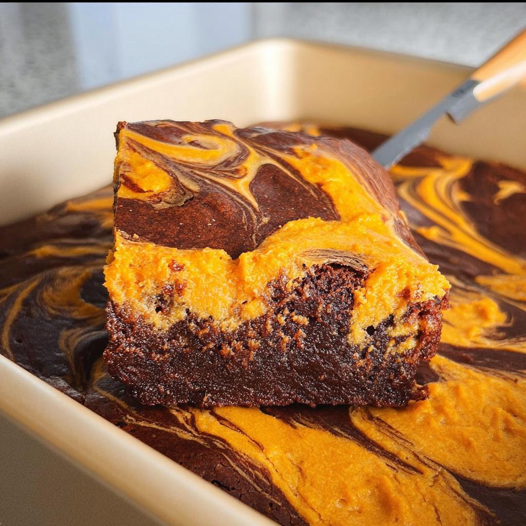 A slice of decadent pumpkin swirl brownie, a perfect Thanksgiving dessert, with rich chocolate and creamy pumpkin layers.