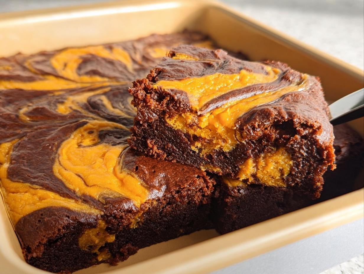 A slice of rich chocolate brownie with a vibrant orange pumpkin swirl topping, perfect for Thanksgiving desserts.