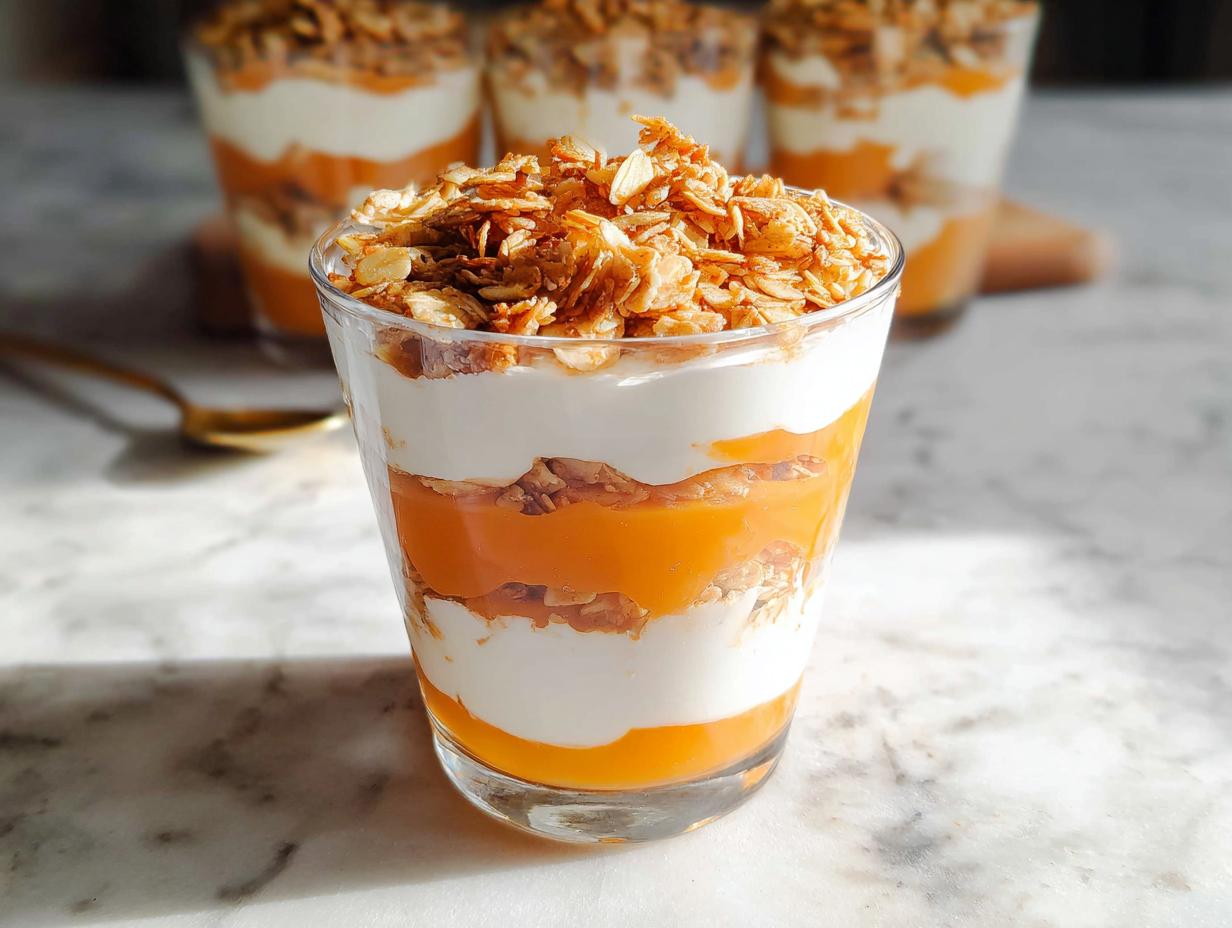 Close-up of a layered Pumpkin Yogurt Parfait (2025) in a glass, featuring pumpkin puree, yogurt, and granola.